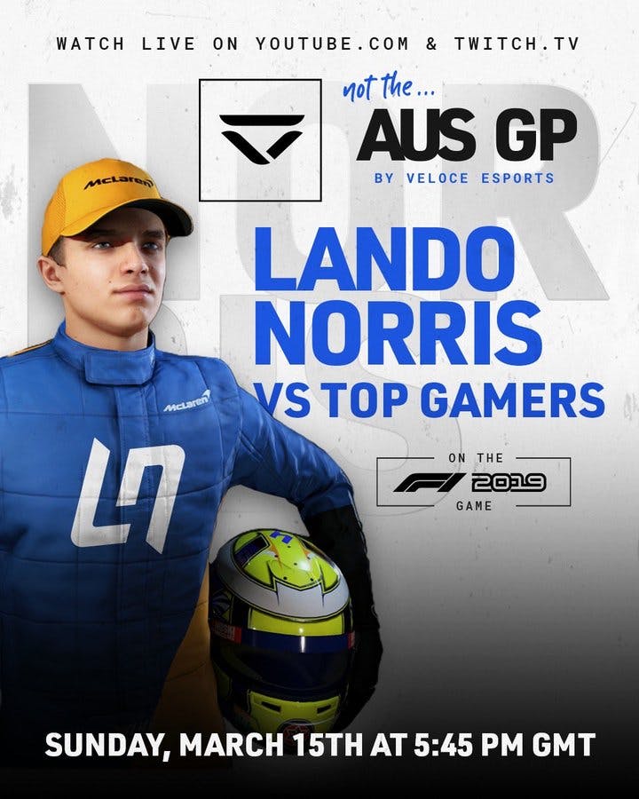 F1's Lando Norris in "Not the Australian GP" event (via Lando Norris <a href="https://twitter.com/LandoNorris/status/1238608816540803072">social media</a>)