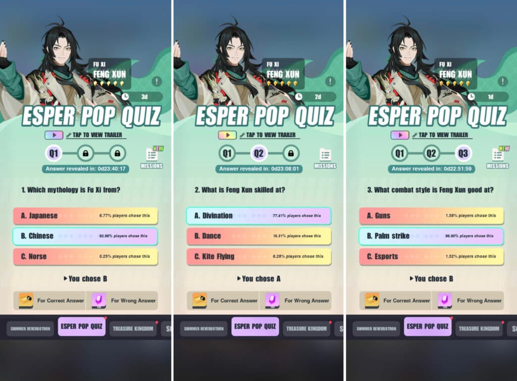 Dislyte Esper Pop Quiz Feng Xun answers (Image via Lilith Games)