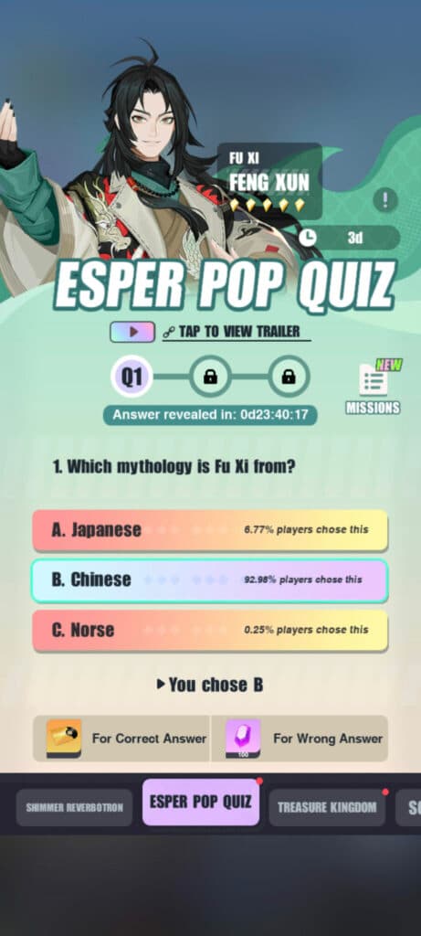 Dislyte Esper Pop Quiz Feng Xun answers (Image via Lilith Games)