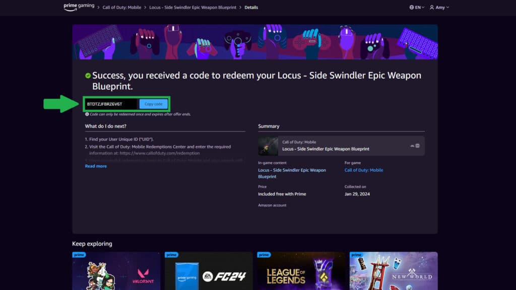 Copy your unique code (Image via Prime Gaming)