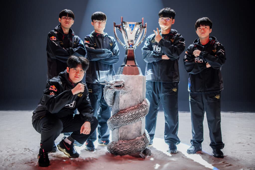 <em>T1 winning the League of Legends World Championship 2023 (Image via Riot Games)</em>