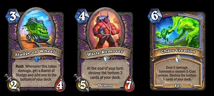 Sludge on Wheels, Waste Remover, and Chaos Creation in Hearthstone patch 28.6.2 (Images via Blizzard Entertainment)