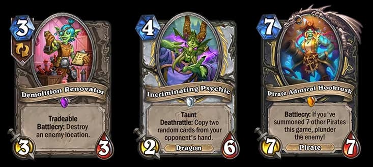 Demolition Renovator, Incriminating Psychic, and Pirate Admiral Hooktusk (Images via Blizzard Entertainment)
