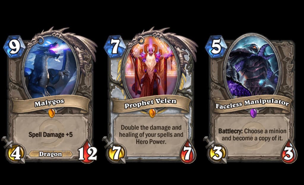 Malygos, Prophet Velen, and Faceless Manipulator in Hearthstone (Images via Blizzard Entertainment)