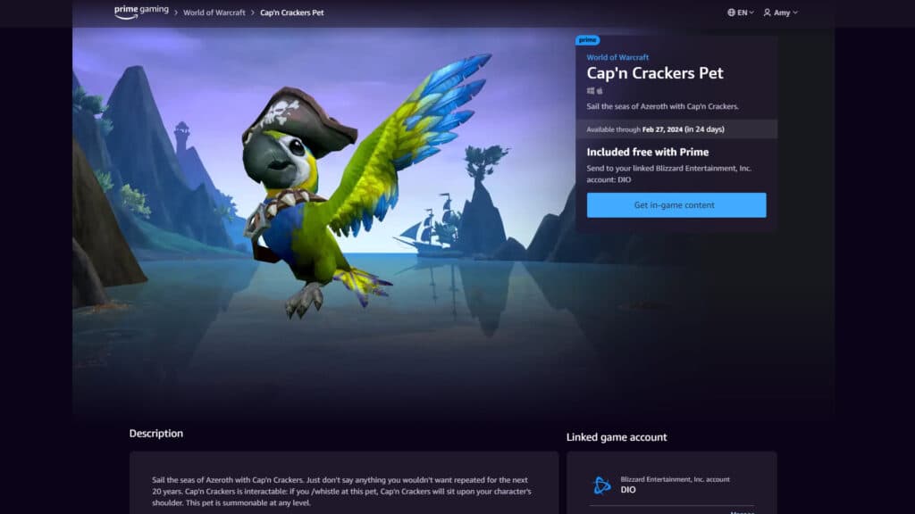 World of Warcraft Cap'n Crackers pet (Image via Prime Gaming)