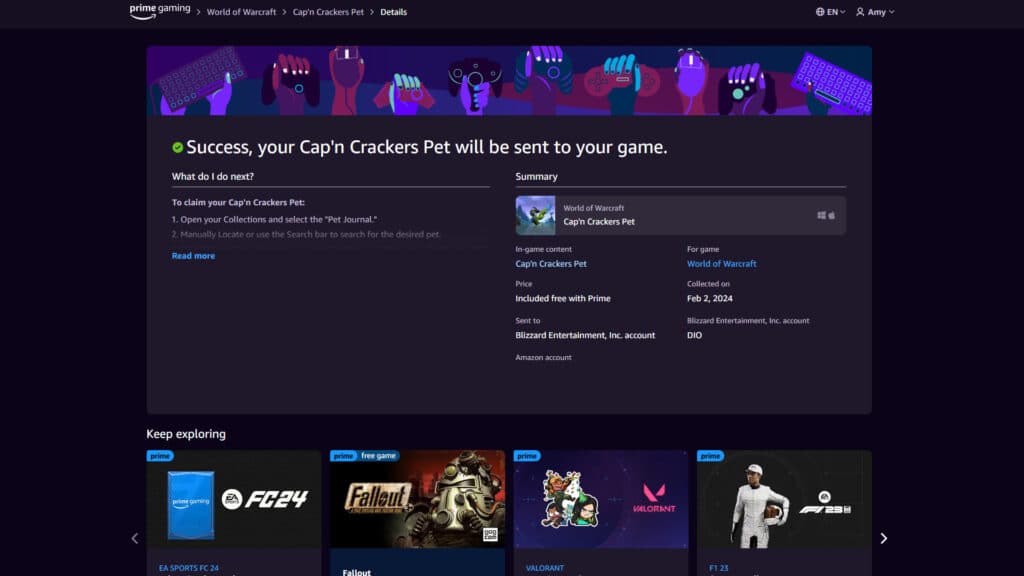 Claiming the WoW Cap'n Crackers pet (Image via Prime Gaming)