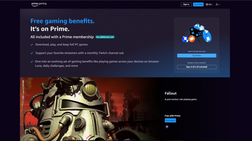 Getting a Prime Gaming trial (Image via Prime Gaming)