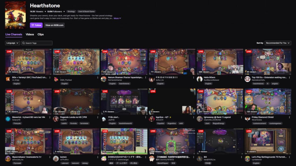 Screenshot of the Hearthstone category (Image via Twitch)