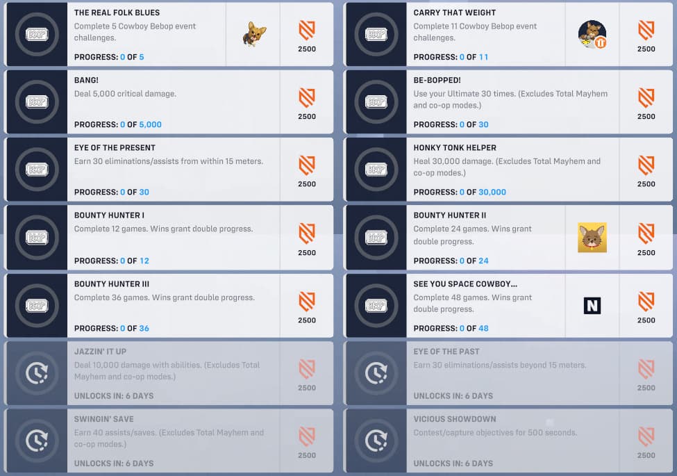 Overwatch 2 Cowboy Bebop event rewards and challenges (Image via Blizzard Entertainment)