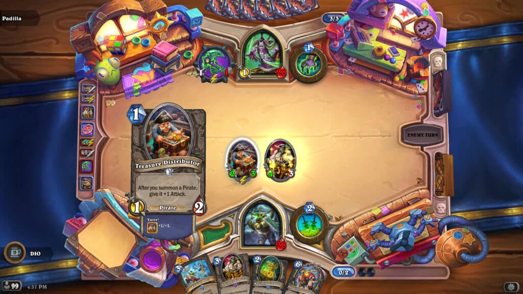 A Whizbang Recipe Tavern Brawl screenshot featuring pirate synergy (Image via Blizzard Entertainment)