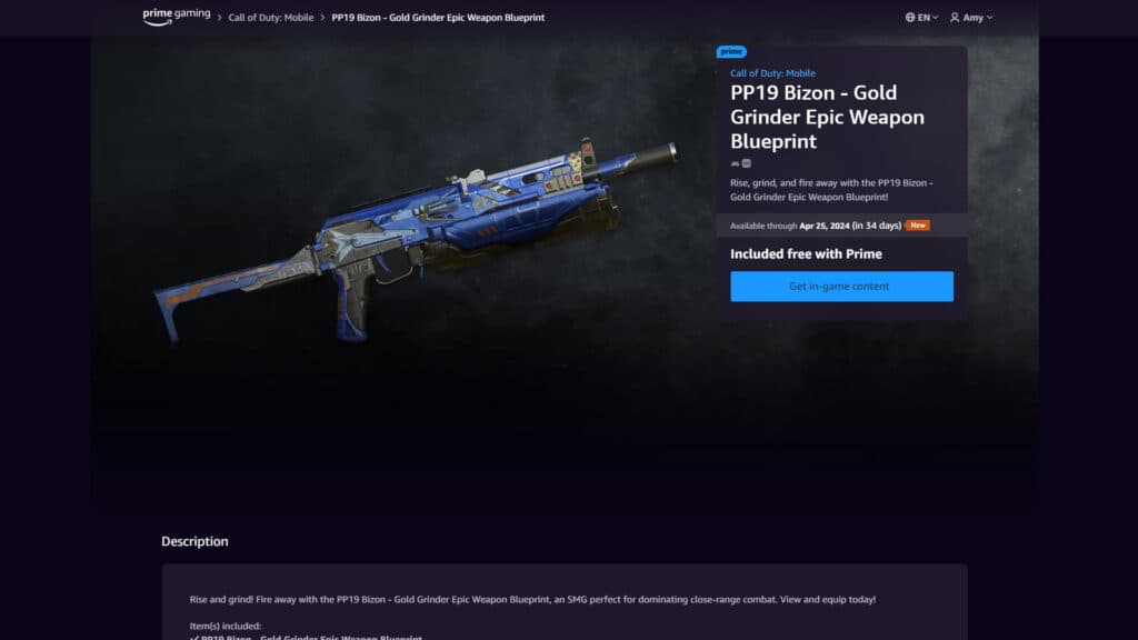 PP19 Bizon - Attaboy Epic Weapon Blueprint (Image via Prime Gaming)