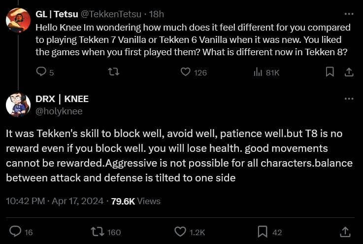 Knee explains his opinion on Tekken 8 (image via twitter.com)