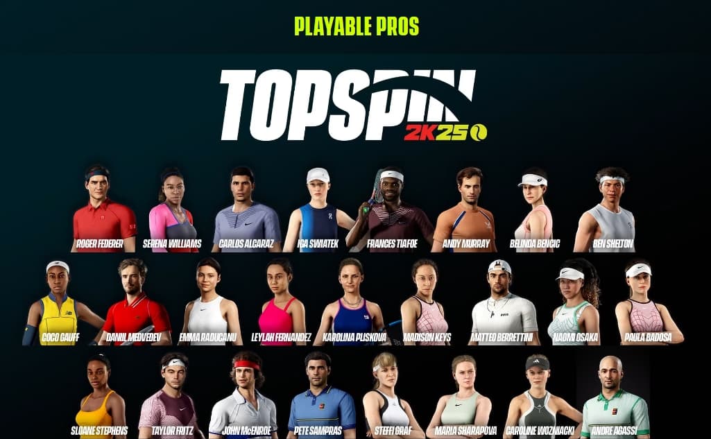 The 25 playable pros in TopSpin 2K25 including Agassi, Federer, Williams and Osaka