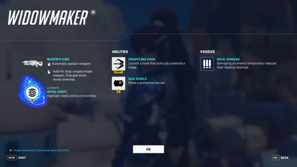 Mirrorwatch Widowmaker abilities (Image via esports.gg)