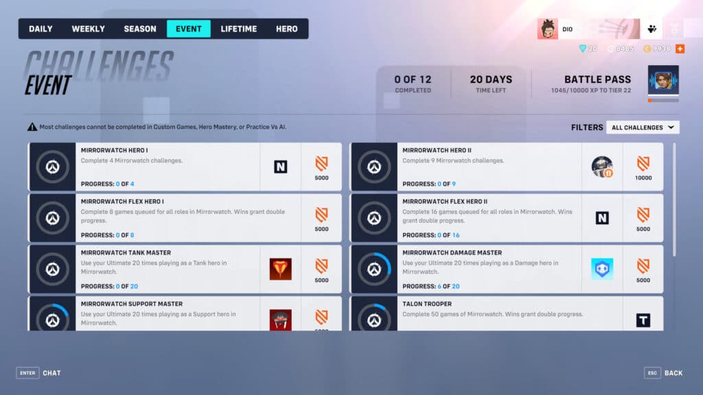 Overwatch 2 Mirrorwatch event challenges and rewards (Image via esports.gg)