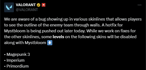 Screenshot confirming that the skins won't return until the developers fix them (Image via esports.gg)