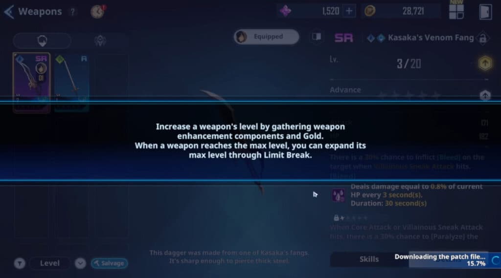 Screenshot detailing how Solo Leveling: ARISE weapons can be leveled up and more (Image via esports.gg)