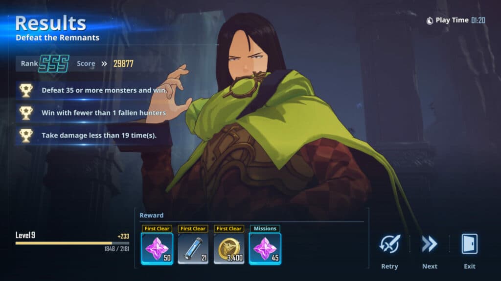 Solo Leveling: ARISE dungeon completion screenshot featuring completed battle missions (Image via esports.gg)