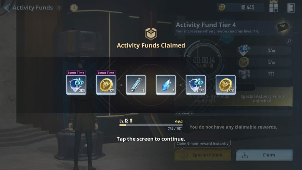 Claiming Special Funds in Solo Leveling: ARISE screenshot (Image via esports.gg)