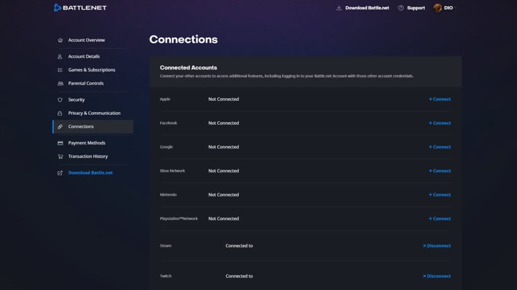 Screenshot of linking your Twitch and Battle.net accounts (Image via esports.gg)