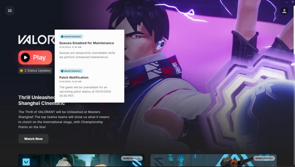 The current status updates on the VALORANT launcher (Image via esports.gg)