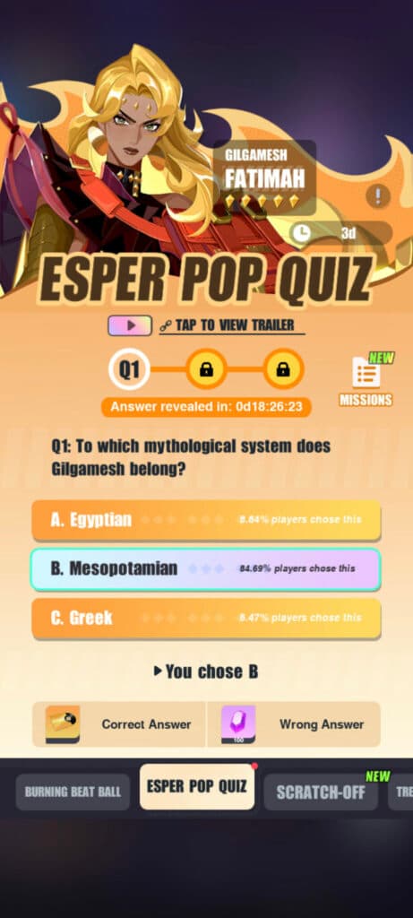 Dislyte Fatimah quiz answer screenshot (Image via esports.gg)