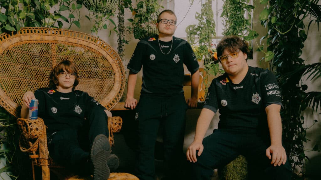 Daniel, BeastMode, and Atomic posing in G2 Stride jerseys (Image via G2 Esports)