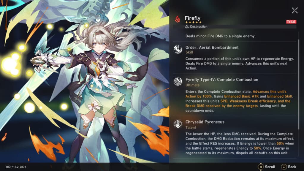 Firefly’s kit in Honkai: Star Rail (Image via esports.gg)