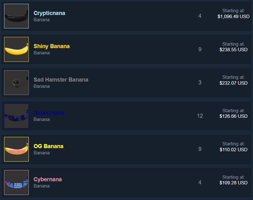 The most expensive bananas on the Steam marketplace.
