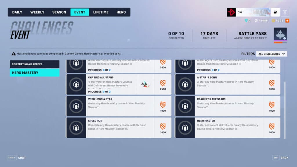 Overwatch 2 Hero Mastery challenges and rewards (Image via esports.gg)