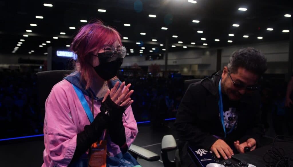 LilyPichu and Tekken 8 Game Director Katsuhiro Harada on stage at EVO 2024