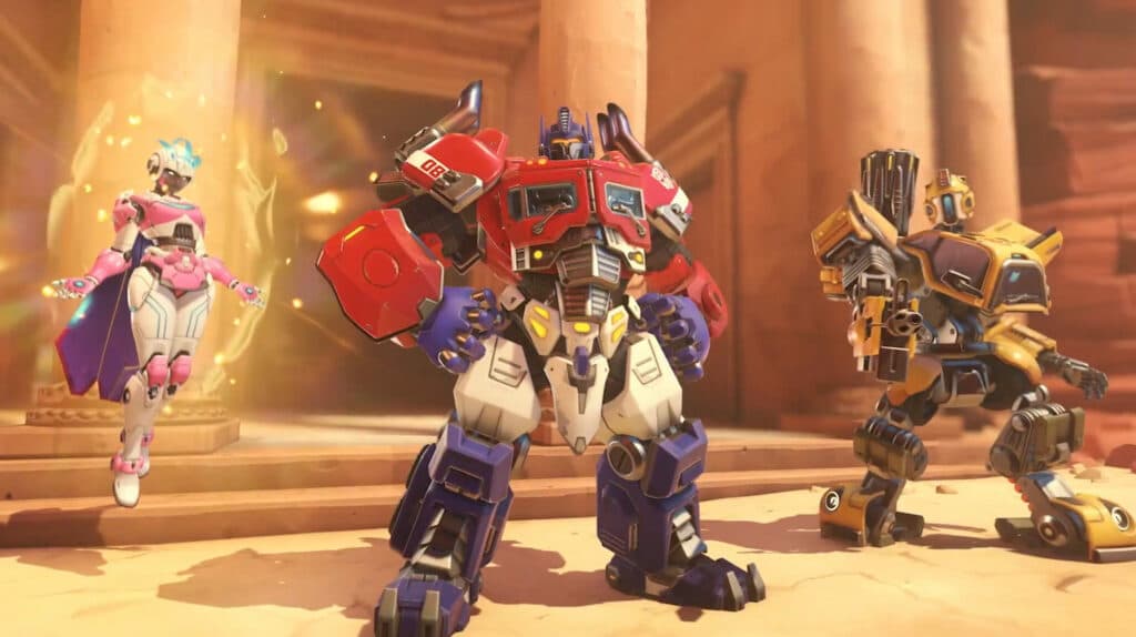 Illari, Reinhardt, and Bastion as Transformers in-game looks as good as promised (Image via Blizzard Entertainment)
