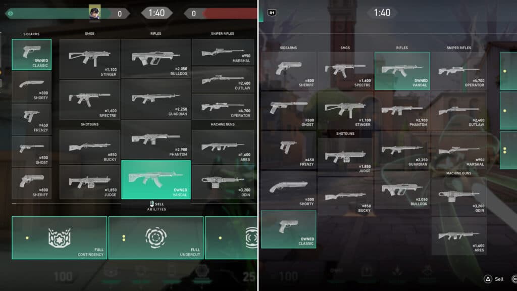 The PC Buy Menu is on the left and the console Buy Menu is on the right (Screenshots via esports.gg)