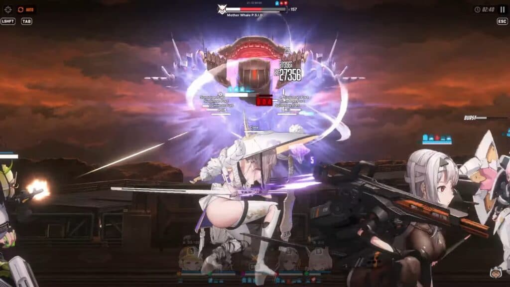 Scarlett and Modernia <a href="https://esports.gg/guides/nikke/how-to-beat-mother-whale-in-nikke-beginners-guide/">in combat versus Mother Whale</a> in Goddess of Victory: NIKKE