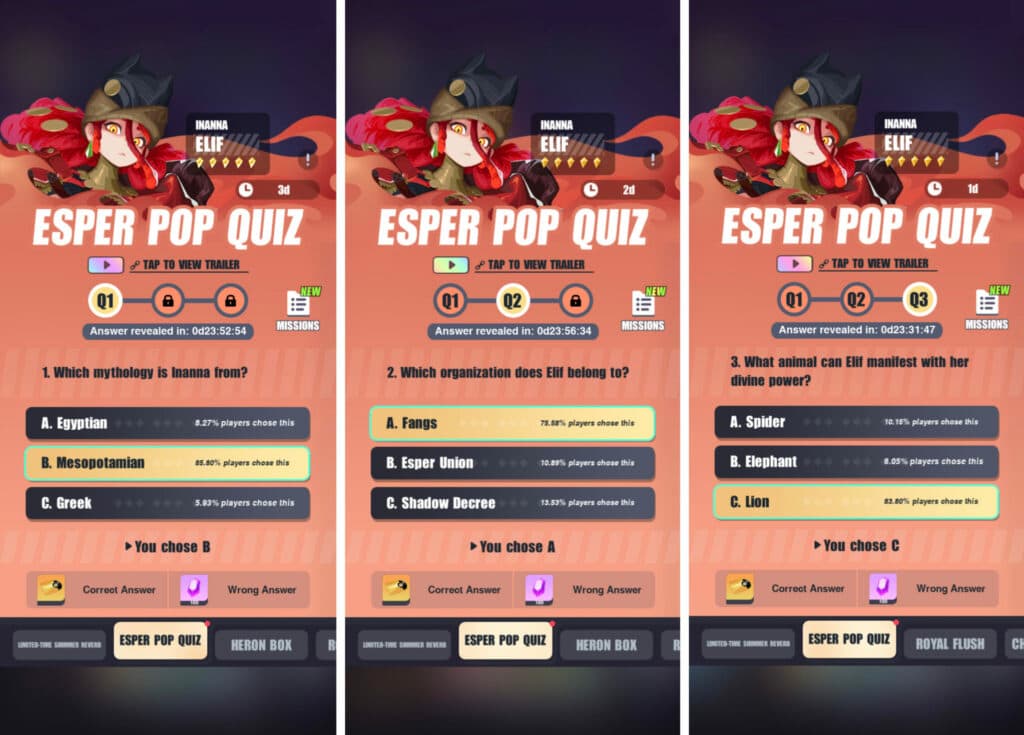 Dislyte Elif (Inanna) Esper Pop Quiz answers (Image via esports.gg)