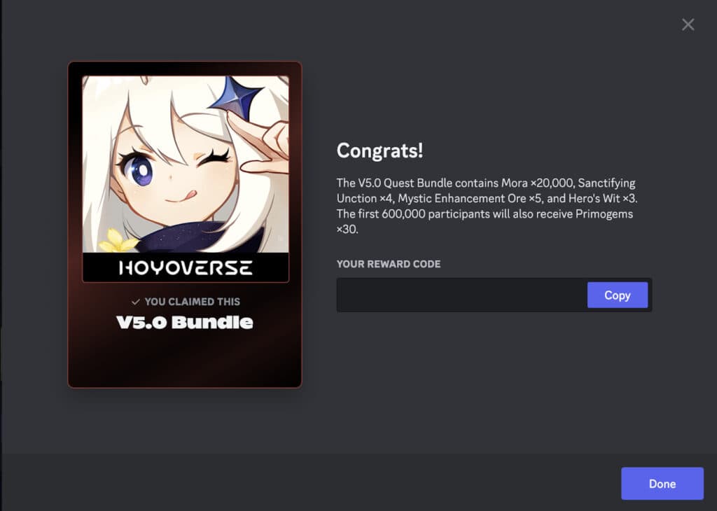Genshin Impact Version 5.0 Discord Quest bundle rewards (Image via miHoYo)