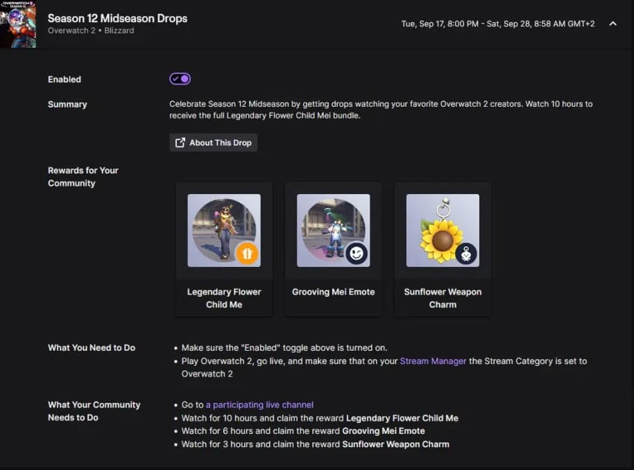 Overwatch 2 Season 12 Twitch drops (Image via <a href="https://twitter.com/Proto_VI/status/1836058952850640925" target="_blank" rel="noreferrer noopener">Proto VI</a> on X)