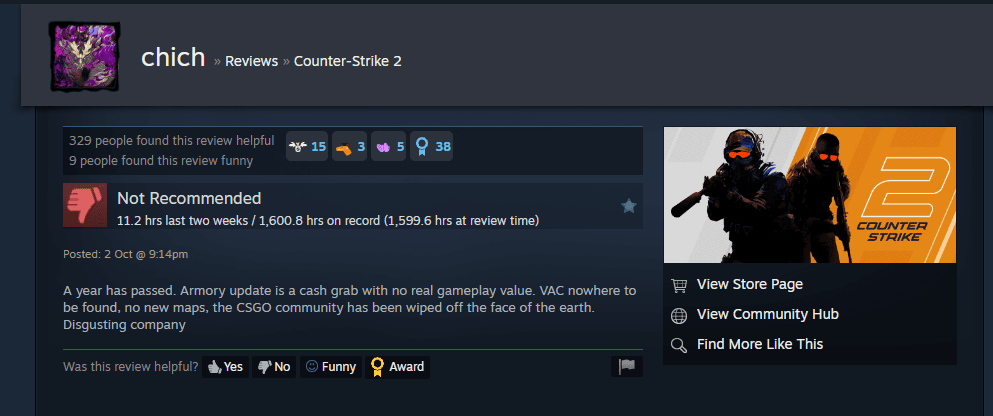 CS2 player calls The Armory update a "cash grab." (Screenshot by esports.gg)