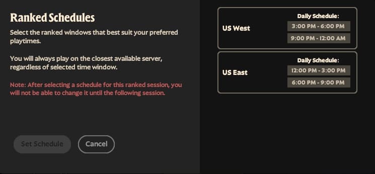 Pick a schedule to queue up for ranked (Screenshot via esports.gg)