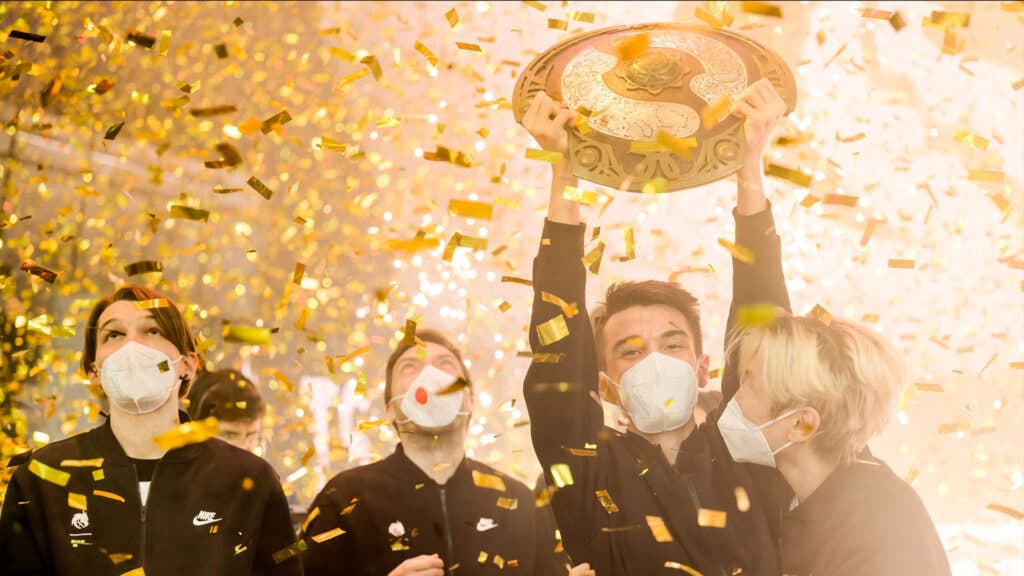 The global pandemic didn't sour Spirit's mood after they won $18.2 million at TI 2021. (Photo via Valve)