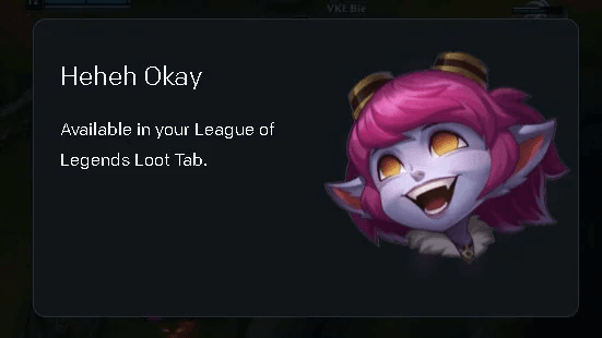 Heheh Okay Tristana emote reward screenshot (Image via <a href="https://www.reddit.com/r/TristanaMains/comments/1fpxjpl/the_trist_esports_emote/">Additional-Lecture-1 on Reddit</a>)