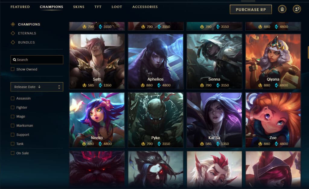 League of Legends Champions in the game's shop (Image via esports.gg)