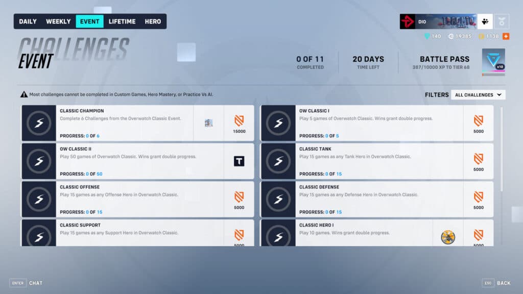 Overwatch Classic challenges (Image via esports.gg)