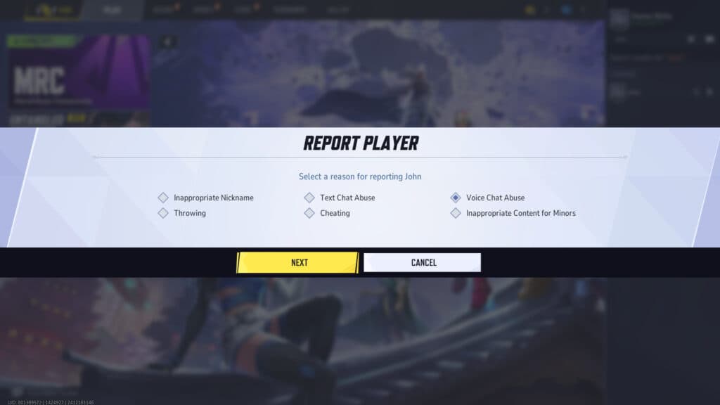 Select a reason in the report screen (Screenshot by esports.gg via NetEase Games)
