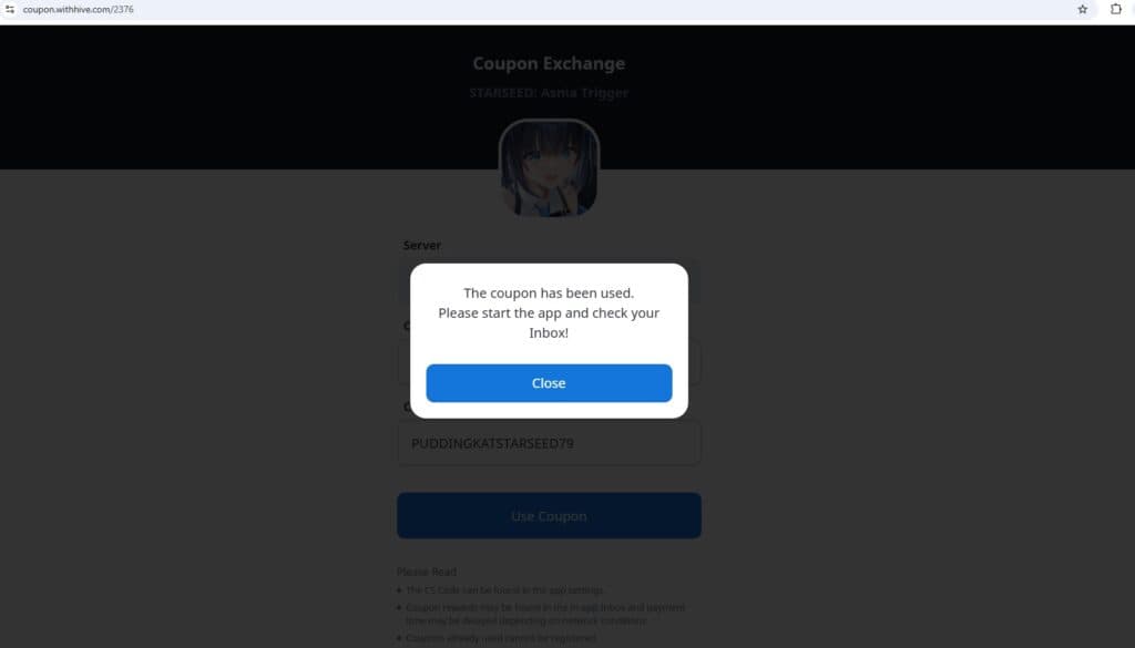 How to claim redeem code in STARSEED: Asnia Trigger through website (Image via esports.gg)