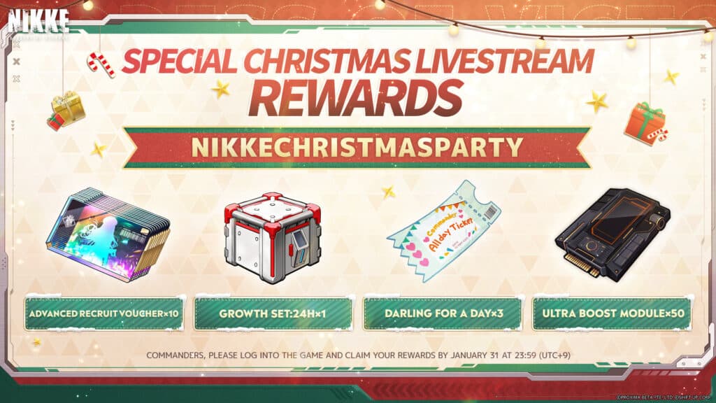 Redeem [NIKKECHRISTMASPARTY] before Jan. 31, 2025, to get free rewards (Image via GODDESS OF VICTORY: NIKKE)