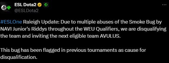 NAVI Junior disqualified (Image via <a href="https://x.com/ESLDota2/status/1882100239987101743" target="_blank" rel="noreferrer noopener">X/@ESLDota2</a>)