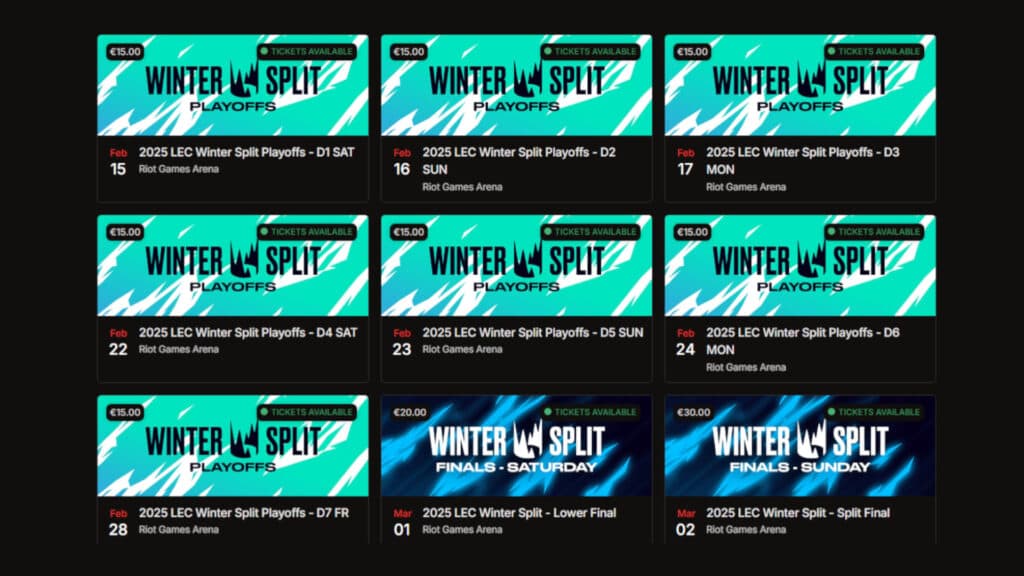 LoL LEC Winter Split tickets screenshot (Image via esports.gg)