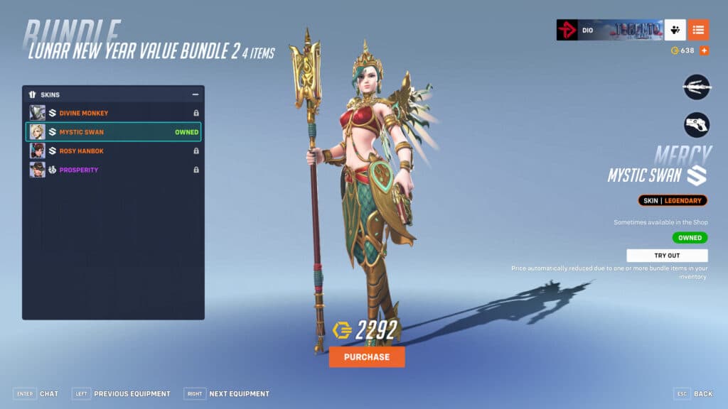 The Mystic Swan Mercy skin was first seen in Year of the Dragon, but she's also available in Year of the Snake (Image via esports.gg)