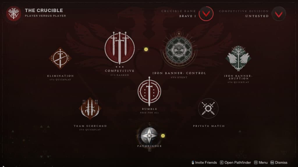 A more condensed Crucible menu will rotate each week (Image via Bungie)